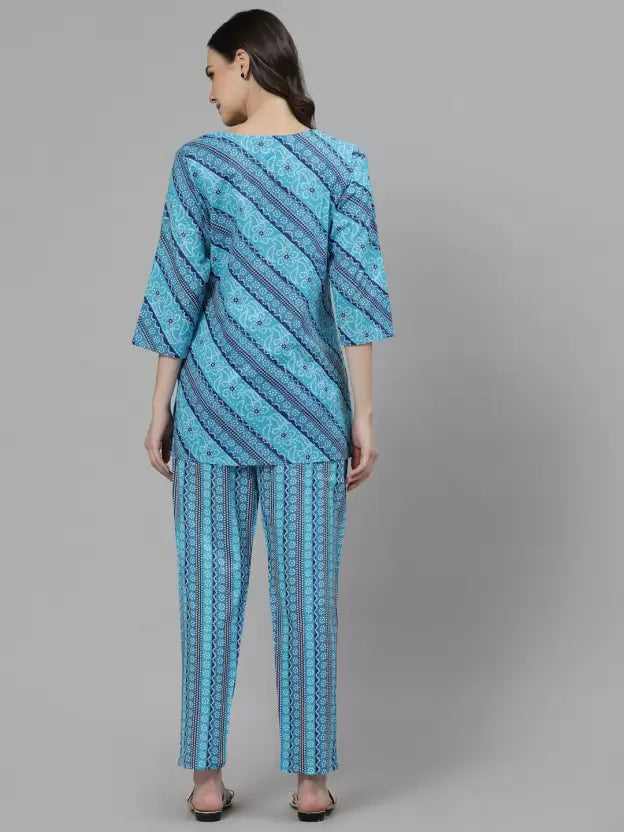 Women Top And Pyjama Sets Blue Printed