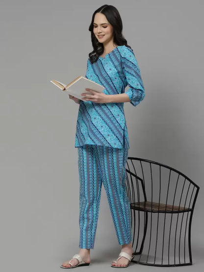 Women Top And Pyjama Sets Blue Printed