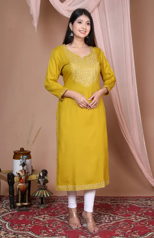 Women Embroidered Viscose Rayon Straight Yellow Kurta