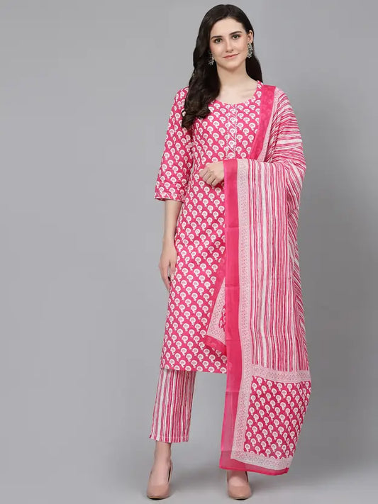 Pure Cotton Printed Pink Kurta Pant Dupatta Sets