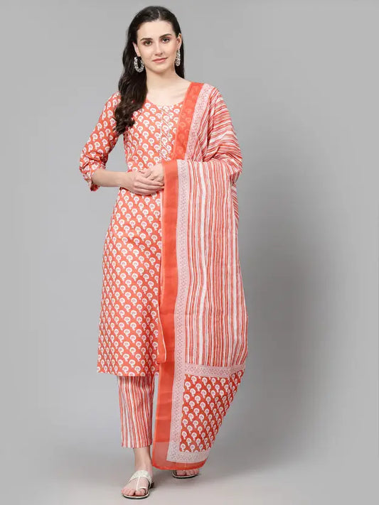 Pure Cotton Printed Orange Kurta Pant Dupatta Sets