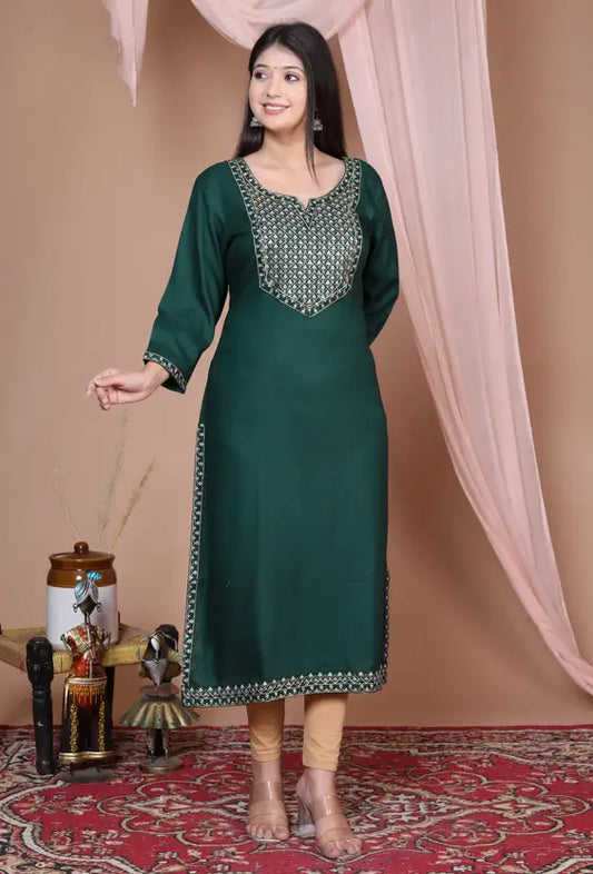 Women Embroidered Viscose Rayon Straight Dark Green Kurta