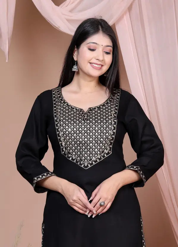 Women Embroidered Viscose Rayon Straight Black Kurta