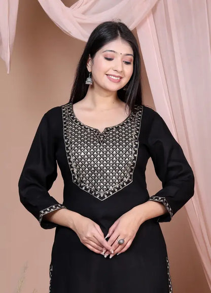 Women Embroidered Viscose Rayon Straight Black Kurta