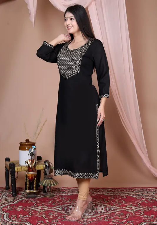 Women Embroidered Viscose Rayon Straight Black Kurta