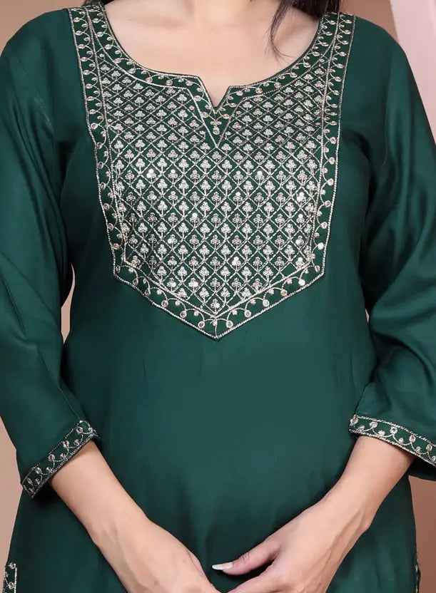 Women Embroidered Viscose Rayon Straight Dark Green Kurta