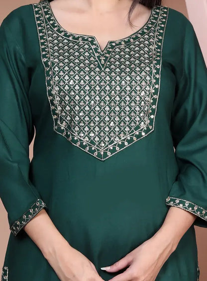 Women Embroidered Viscose Rayon Straight Dark Green Kurta