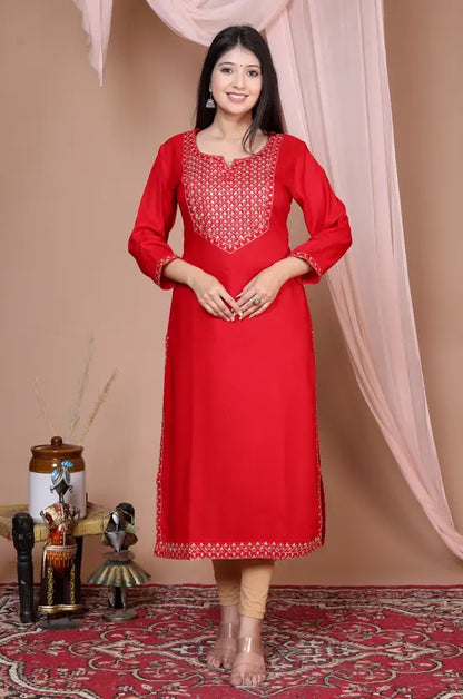 Women Embroidered Viscose Rayon Straight Red Kurta