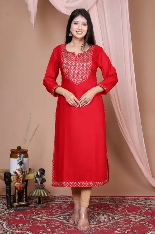 Women Embroidered Viscose Rayon Straight Red Kurta