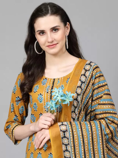 Women Pure Cotton Floral Kurta Pant Dupatta Set
