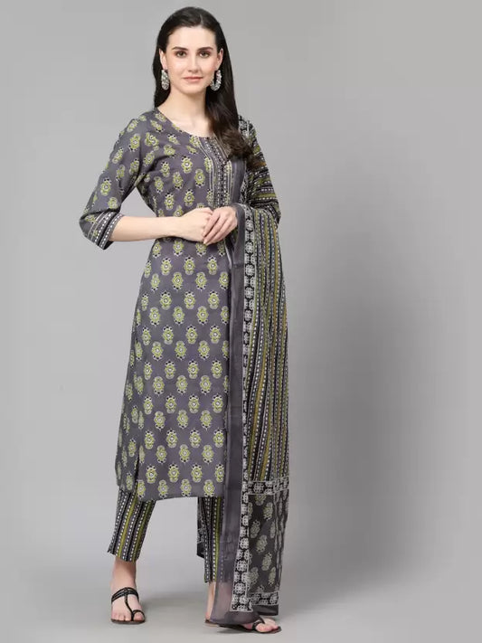 Women Pure Cotton Floral Kurta Pant Dupatta Set