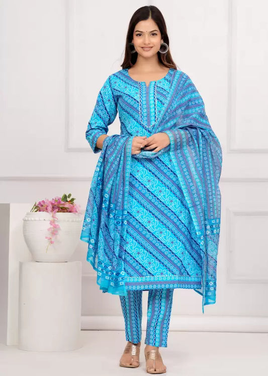 Women Pure Cotton Printed Kurta Pant Dupatta Set