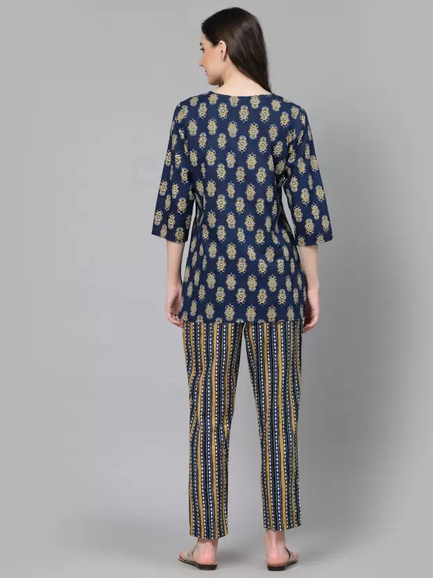 Women Top And Pyjama Set Blue Printed