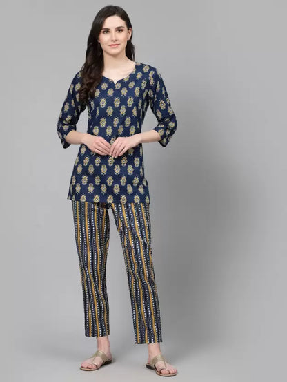 Women Top And Pyjama Set Blue Printed