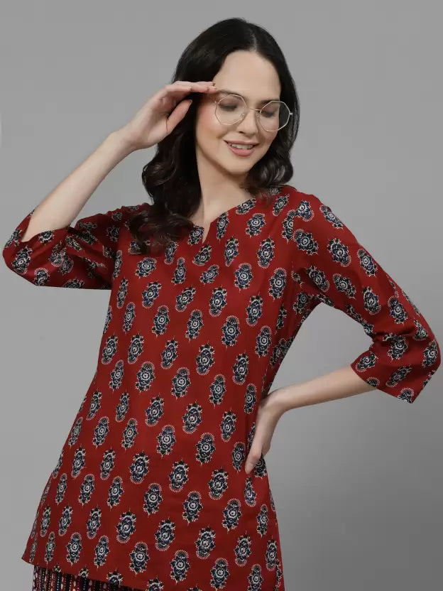 Women Top And Pyjama Set Maroon Printed