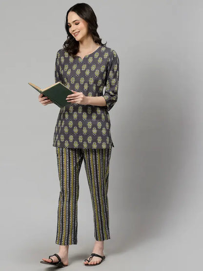 Women Top & Pyjama Set Grey Jaipuri Printed