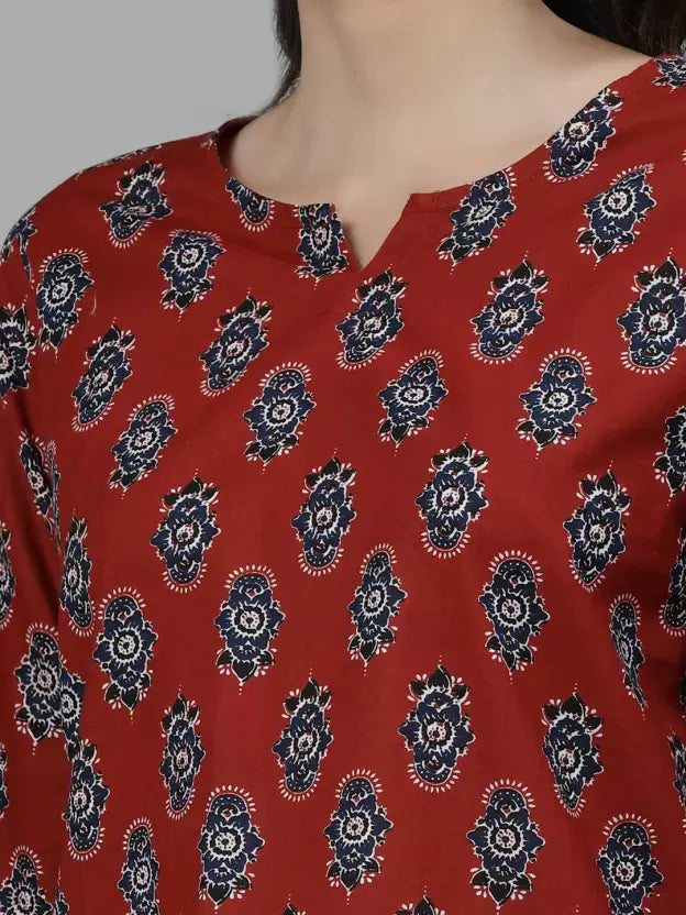 Women Top And Pyjama Set Maroon Printed