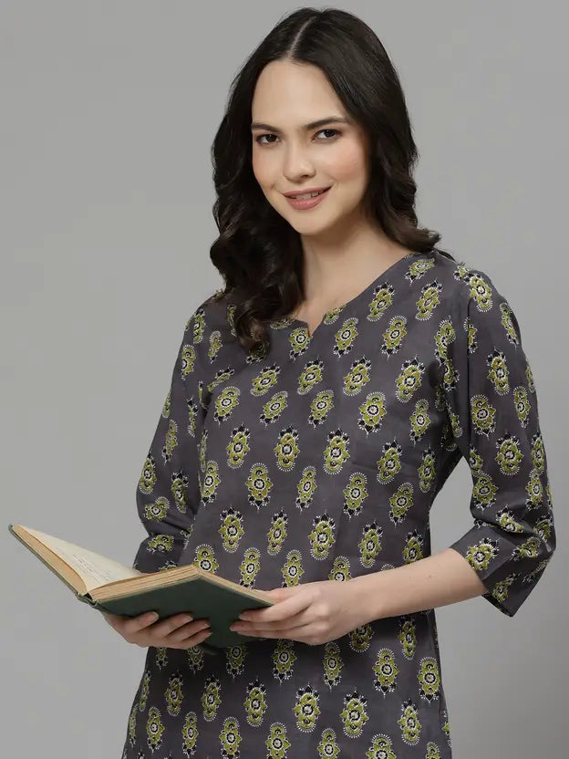 Women Top & Pyjama Set Grey Jaipuri Printed