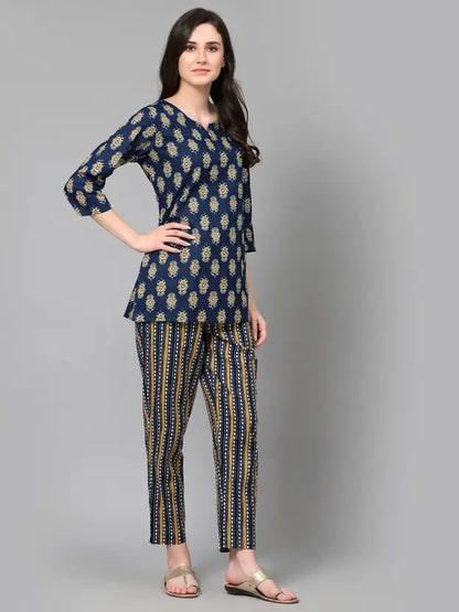 Women Top And Pyjama Set Blue Printed