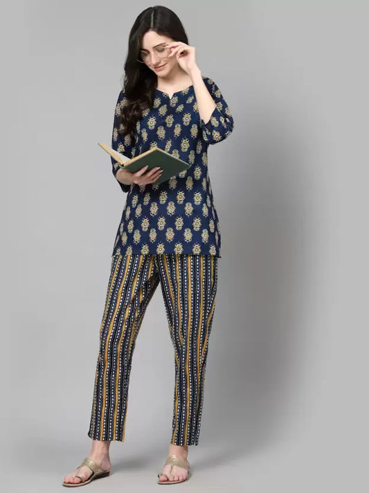 Women Top And Pyjama Set Blue Printed
