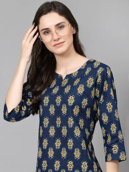 Women Top And Pyjama Set Blue Printed