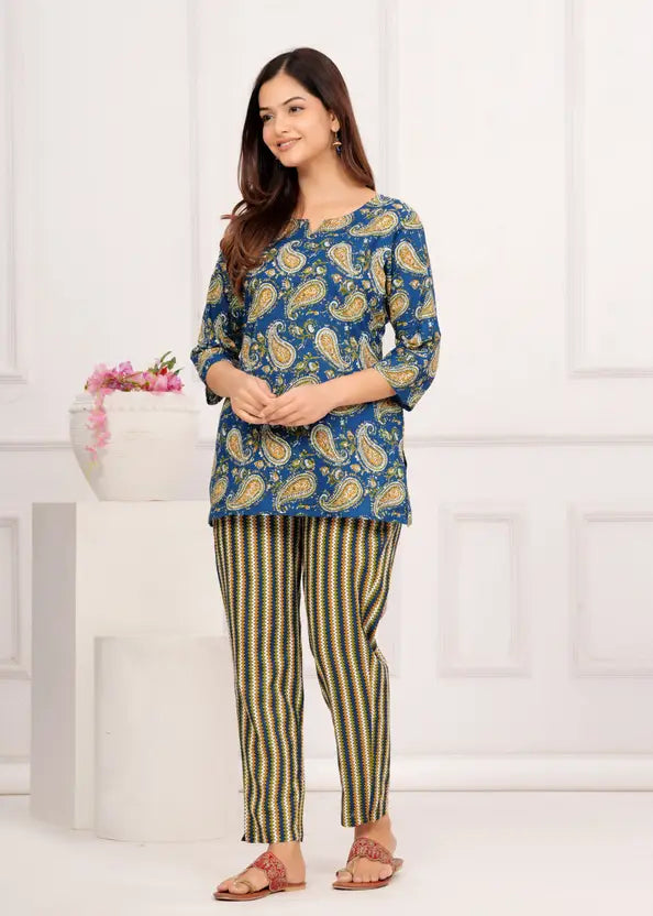 Women Top And Pajama Set Blue Jaipuri Printed