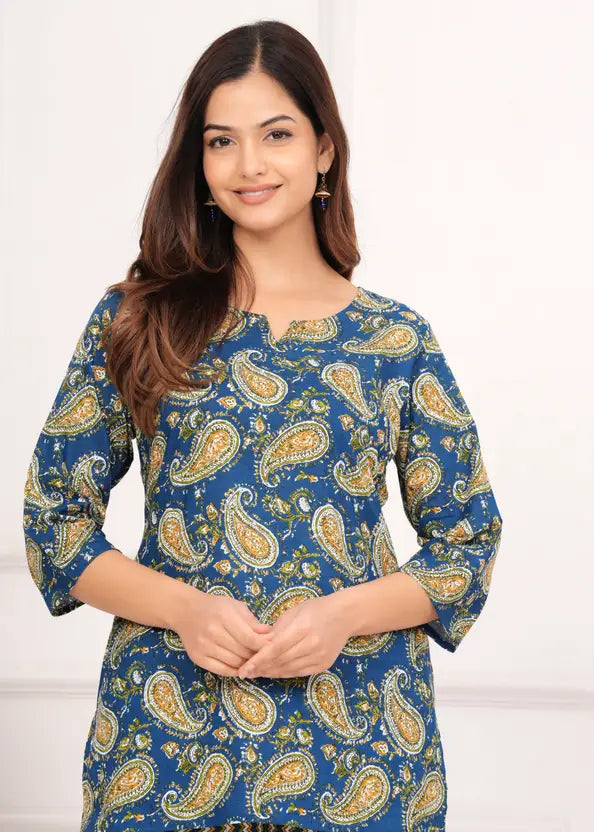 Women Top And Pajama Set Blue Jaipuri Printed