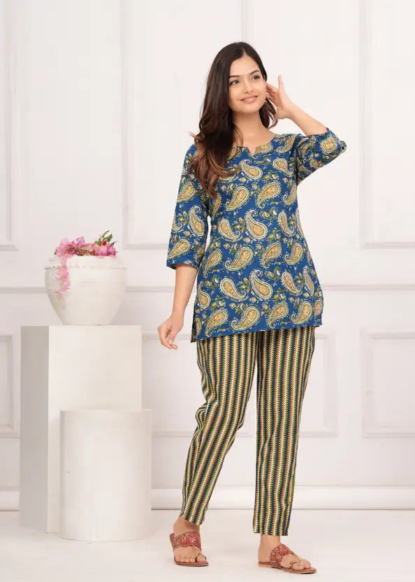 Women Top And Pajama Set Blue Jaipuri Printed