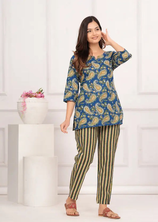 Women Top And Pajama Set Blue Jaipuri Printed
