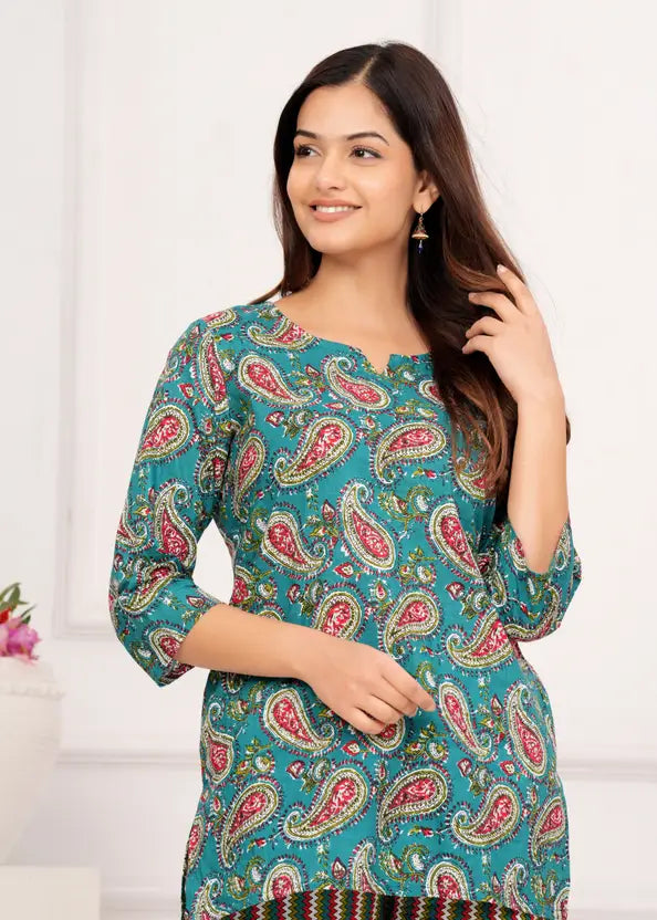 Women Top And Pajama Sets Green Jaipuri Printed