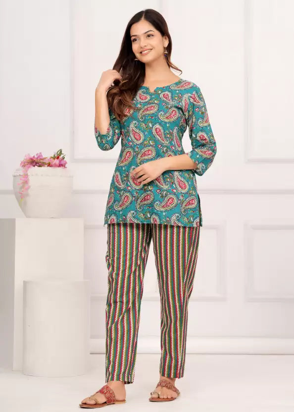 Women Top And Pajama Sets Green Jaipuri Printed