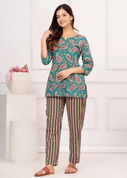 Women Top And Pajama Sets Green Jaipuri Printed