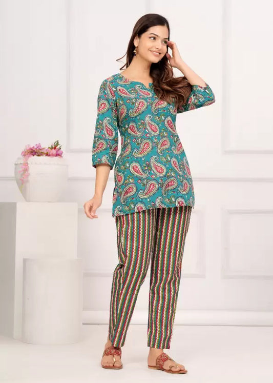 Women Top And Pajama Sets Green Jaipuri Printed