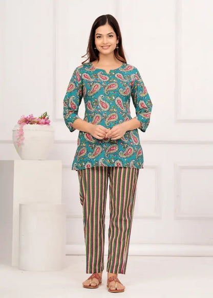 Women Top And Pajama Sets Green Jaipuri Printed