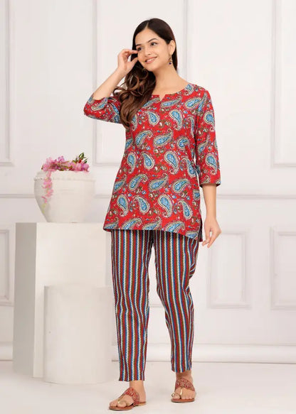 Women Top And Pajama Sets Red Jaipuri Printed