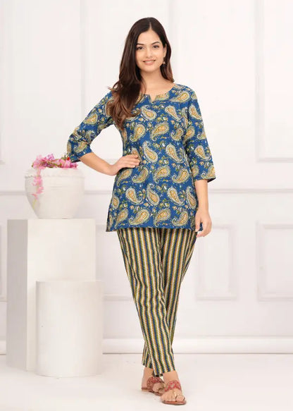 Women Top And Pajama Set Blue Jaipuri Printed