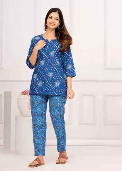 Women Top And Pyjama Set Blue Jaipuri Printed