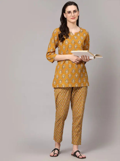 Women Top And Pajama Set Yellow Printed