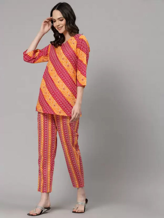 Women Top & Pyjama Set Red Jaipuri Printed
