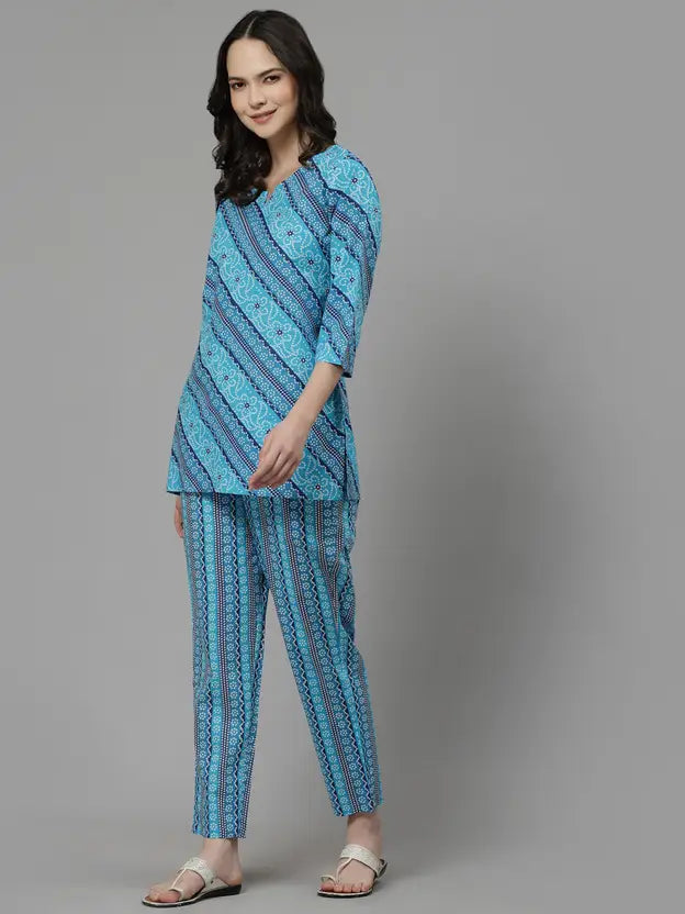 Women Top And Pyjama Sets Blue Printed