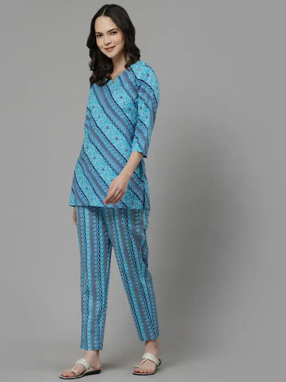 Women Top And Pyjama Sets Blue Printed