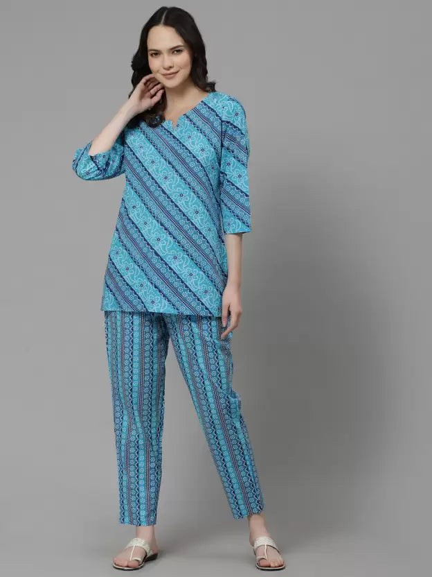 Women Top And Pyjama Sets Blue Printed