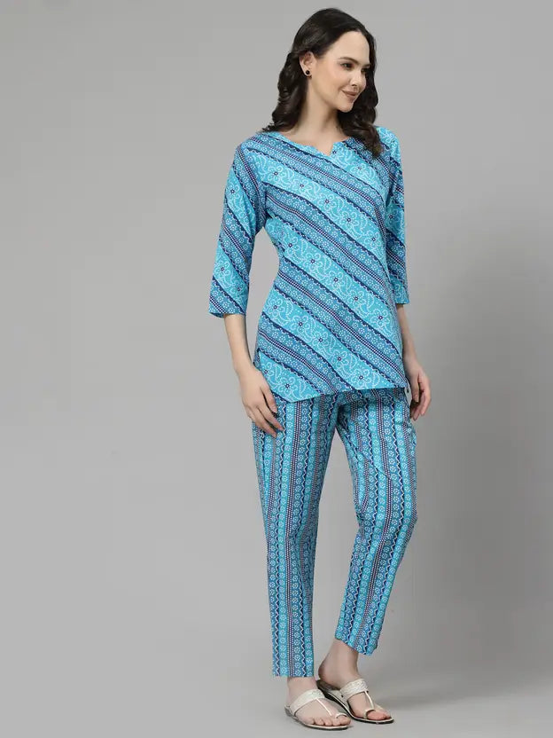 Women Top And Pyjama Sets Blue Printed