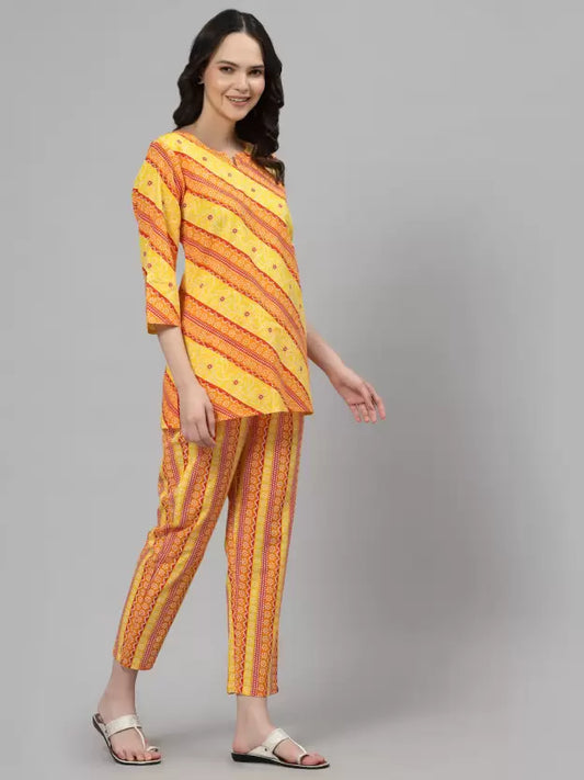 Women Top & Pyjama Set Yellow Jaipuri Printed