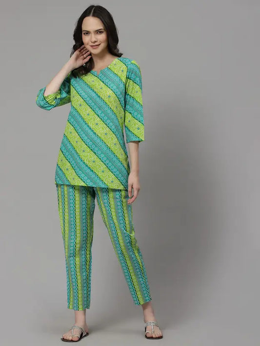 Women Top & Pyjama Set Green Jaipuri Printed