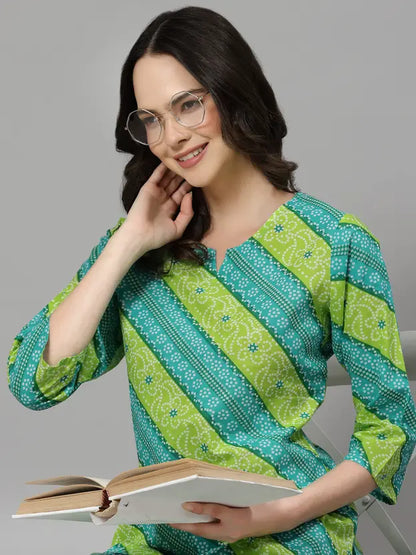 Women Top & Pyjama Set Green Jaipuri Printed