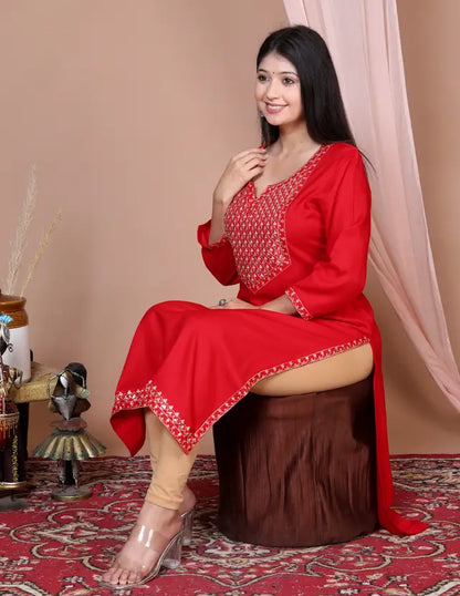 Women Embroidered Viscose Rayon Straight Red Kurta