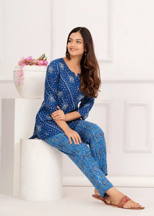 Women Top And Pyjama Set Blue Jaipuri Printed