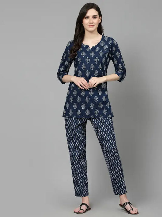 Women Top And Pajama Set Blue Printed