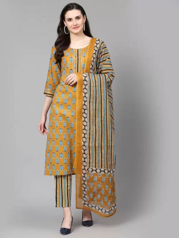 Women Pure Cotton Floral Kurta Pant Dupatta Set